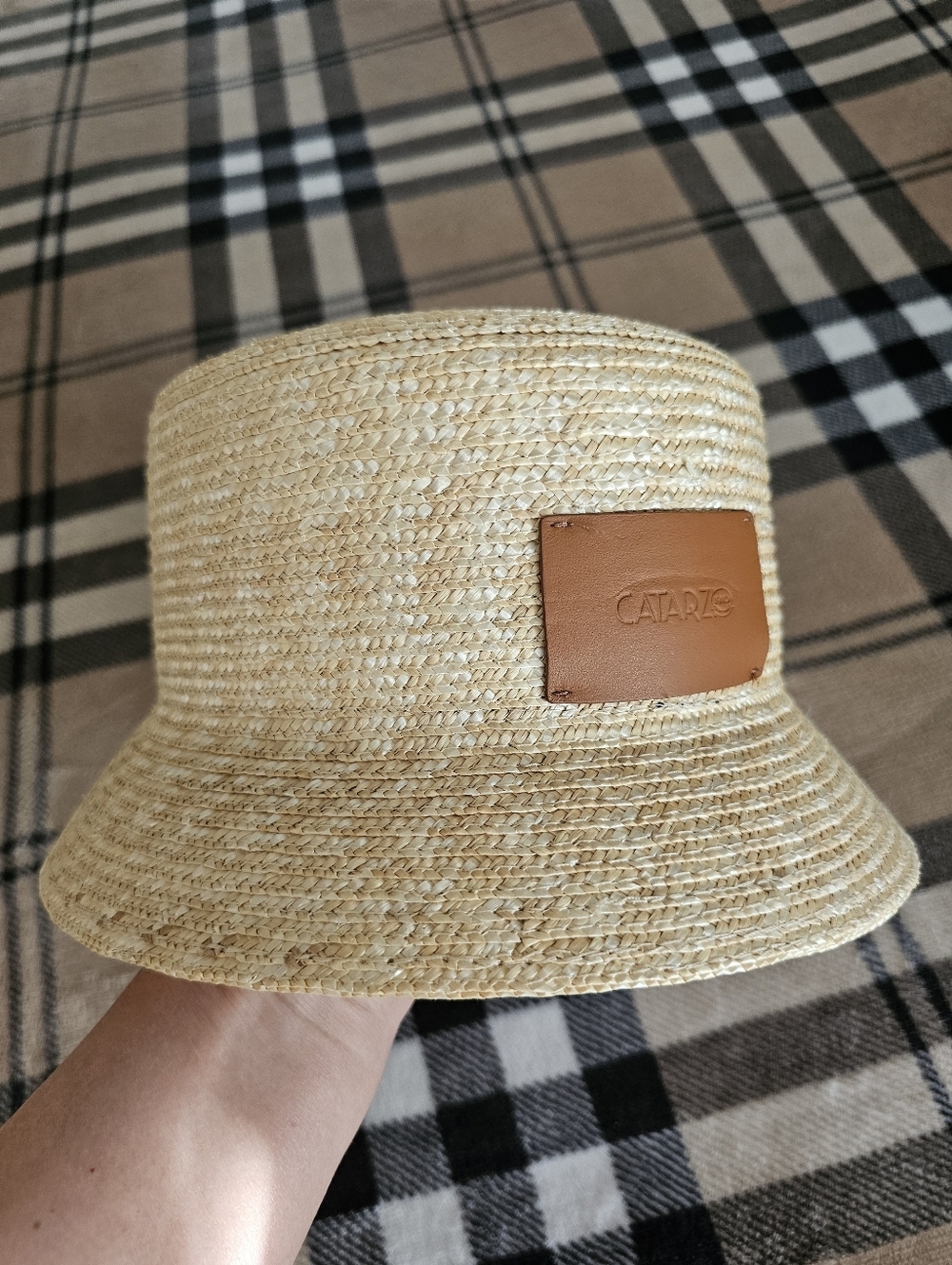 Straw Bucket Hat with Leather Patch - Natural - Picture 2 of 7